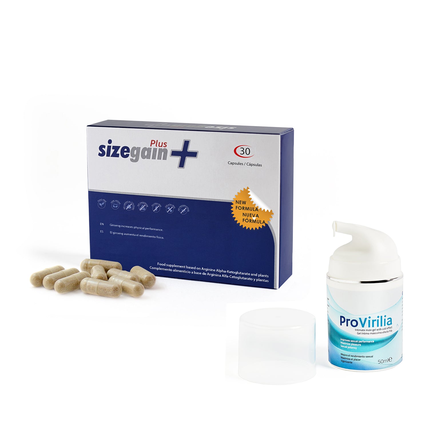 SizeGain Plus: Pastillas para alargar el pene + Provirilia: Gel íntimo masculino efecto frío
