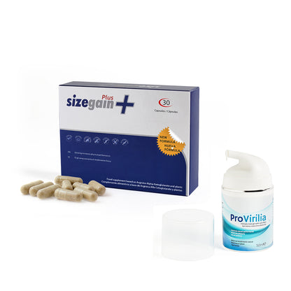 SizeGain Plus: Pastillas para alargar el pene + Provirilia: Gel íntimo masculino efecto frío
