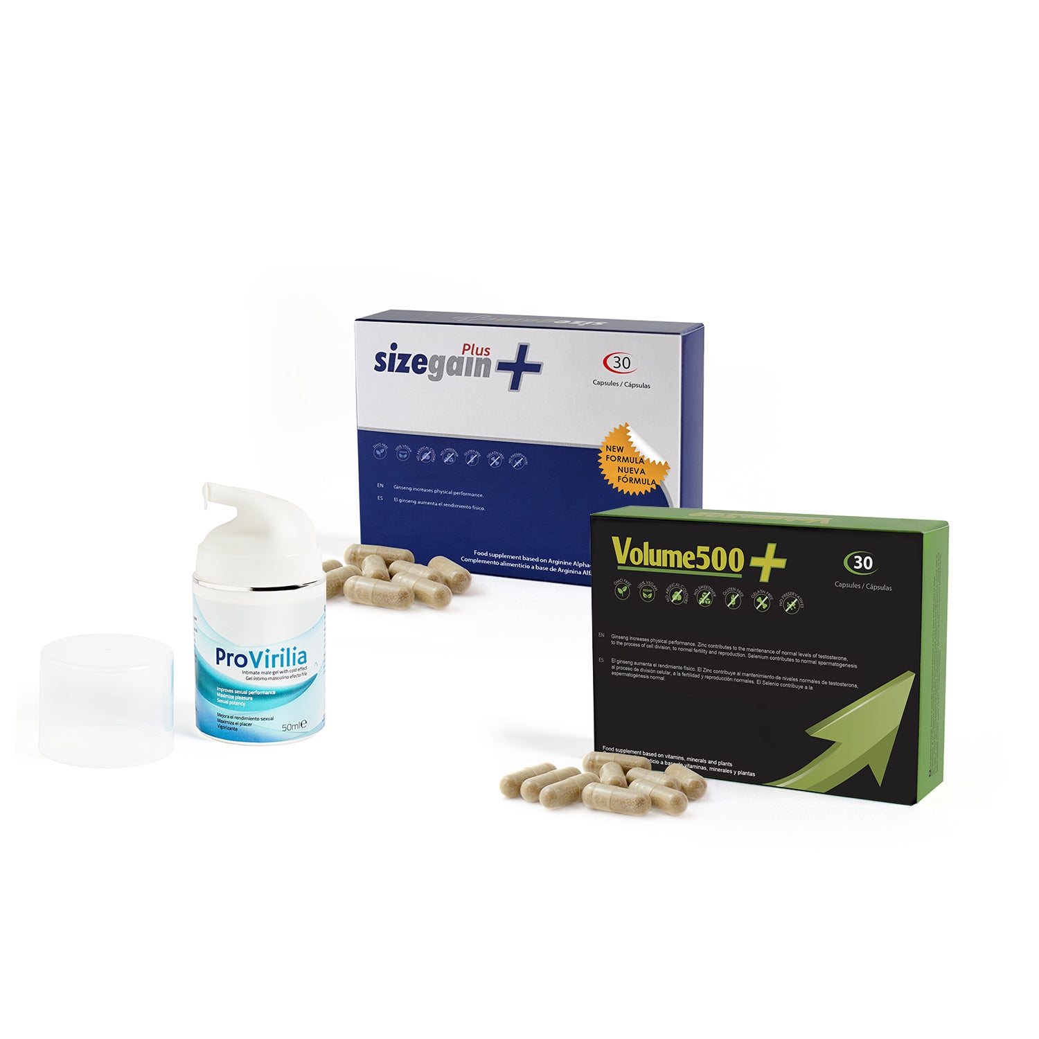 SizeGain Plus male enhancement capsules + capsules to increase semen volume + Provirilia intimate gel cooling effect