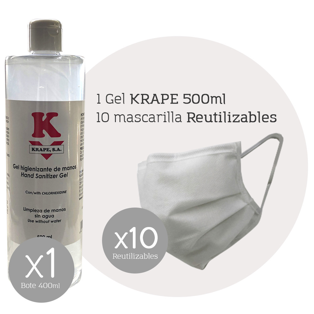 10 mascarillas reutilizables + 1 Gel Krape